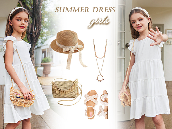 Arshiner Girl''s Summer Dresses Ruffle Sleeve Tiered Swing Midi Casual Sundress with Pockets