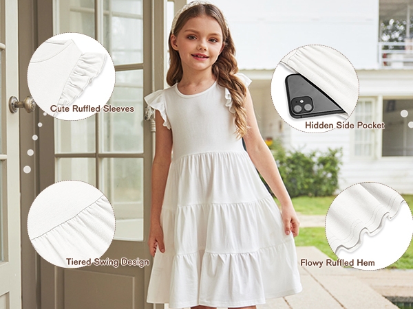 Arshiner Girl''s Summer Dresses Ruffle Sleeve Tiered Swing Midi Casual Sundress with Pockets