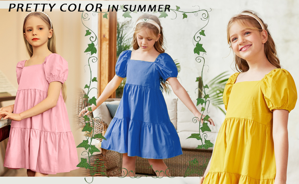 Girls Dress Short Puff Sleeve Loose Tiered Ruffle Casual Dresses Square Neck