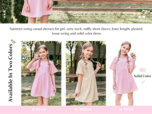 Girls Ruffle Trim Dress Short Sleeve A-Line Swing Pleated Solid Summer Casual Dresses 5-14 Years