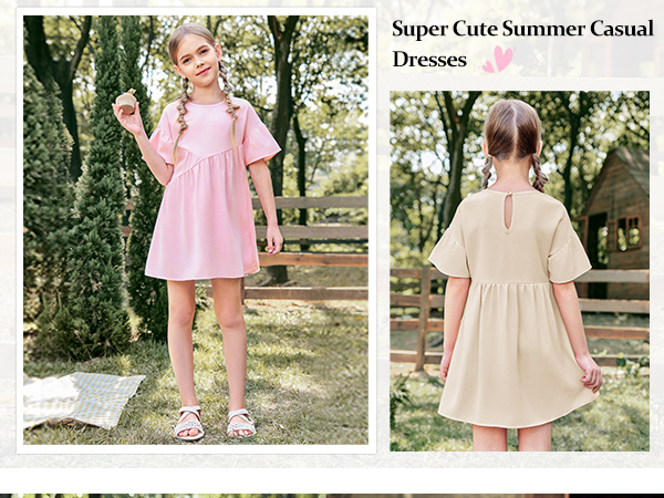 Girls Ruffle Trim Dress Short Sleeve A-Line Swing Pleated Solid Summer Casual Dresses 5-14 Years