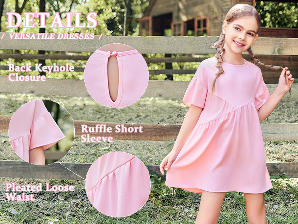 Girls Ruffle Trim Dress Short Sleeve A-Line Swing Pleated Solid Summer Casual Dresses 5-14 Years