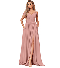 Off Shoulder Bridesmaid Dresses with Slit Ruched CHiffon Formal Dress