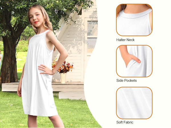 Girl''s Summer Halter Neck Sleeveless Midi Dress with Side Pockets