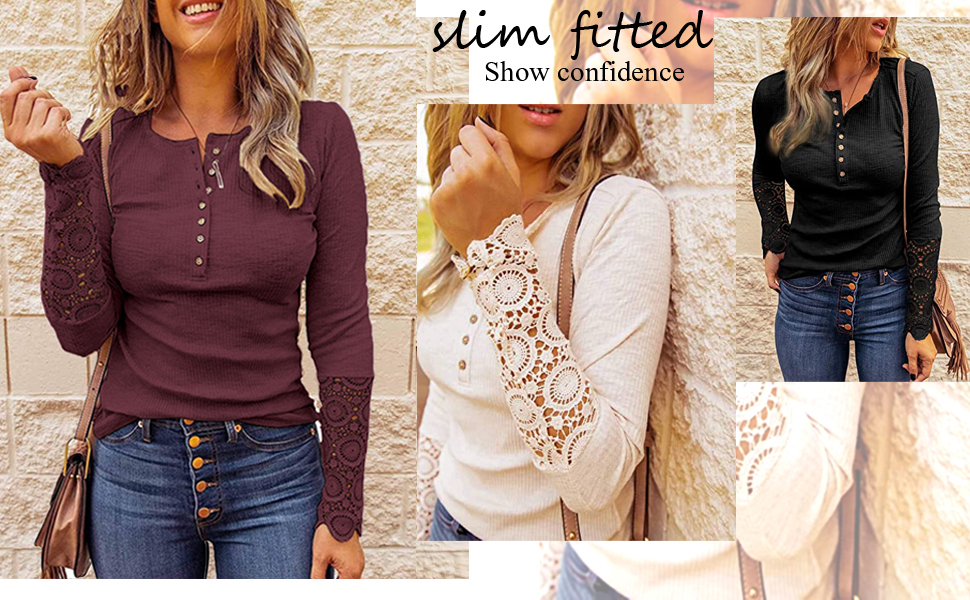 Womens Long Sleeve Shirts Henley Tops Ribbed Lace Blouses