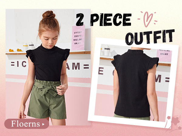 Girls 2 Piece Outfit Ruffle Trim Tee Top with Paperbag Waist Shorts Set