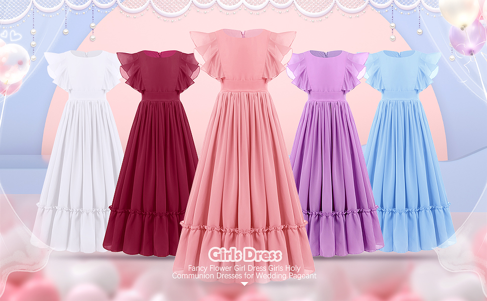 Chiffon Flower Girl Dresses Flutter Sleeves Long Dress 