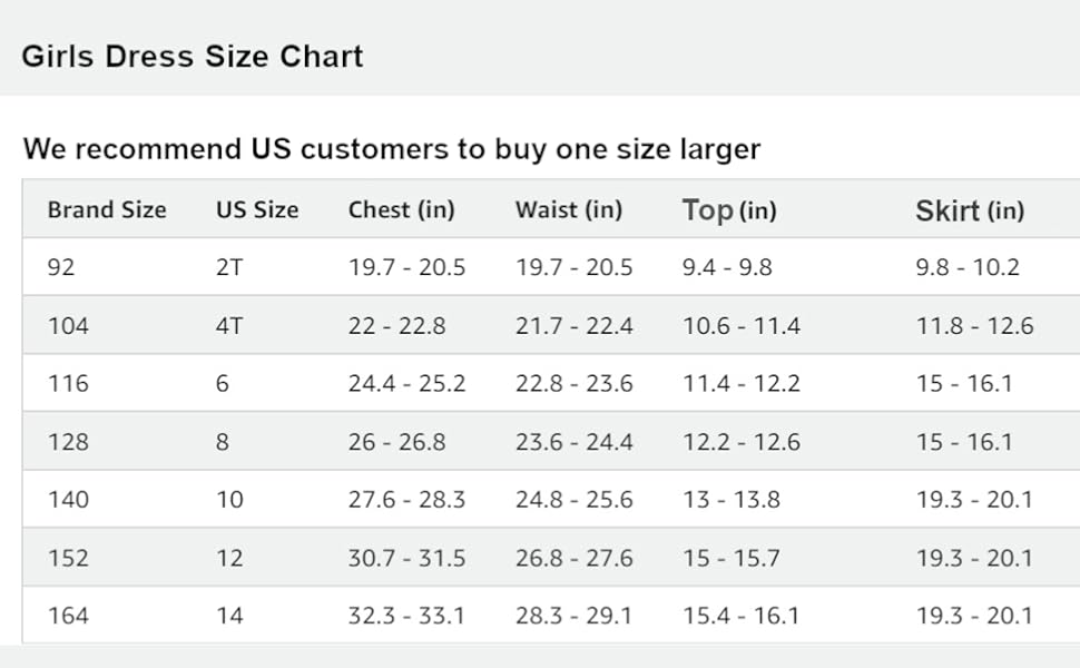 Girls Dress Size Chart