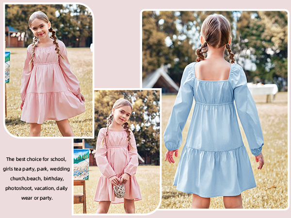 Girls Long Sleeve Dresses Kids Casual Pleated Square Neck Mini Dress 5-14 Years