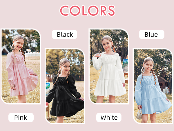 Girls Long Sleeve Dresses Kids Casual Pleated Square Neck Mini Dress 5-14 Years