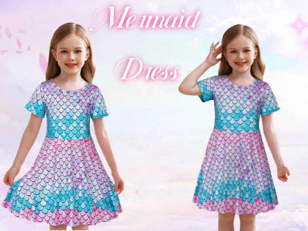 Mermaid Dress for Girls Casual Summer A-Line Swing Sundress Short Sleeve Playwear Twirling Dresses