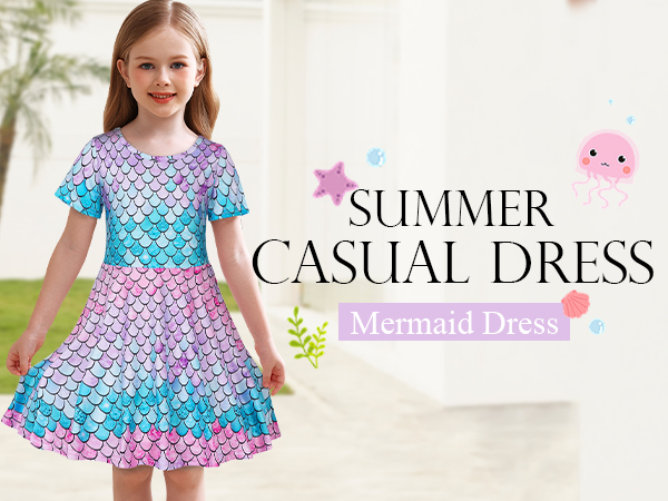 Mermaid Dress for Girls Casual Summer A-Line Swing Sundress Short Sleeve Playwear Twirling Dresses