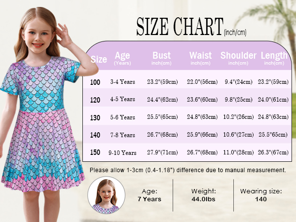 Mermaid Dress for Girls Casual Summer A-Line Swing Sundress Short Sleeve Playwear Twirling Dresses