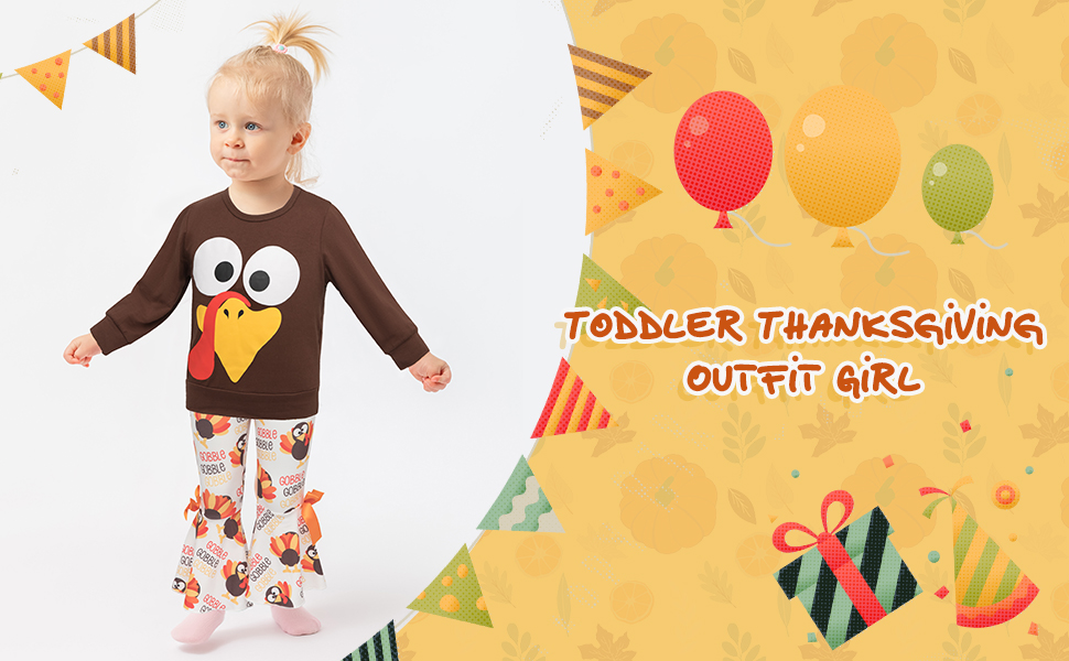 Thanksgiving Outfit Toddler Girls Thanksgiving Outfits Cute turkey Print Long Sleeve Tops +Pants