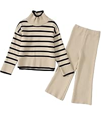 Toddler Girls Knitted Outfits Striped Turtleneck Knit Sweater Tops Wide Leg Pants 2Pcs Set