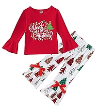 Toddler Baby Girls Christmas Outfits Xmas Tree Print Flared Long Sleeve Tops Bell-bottoms Pants Set