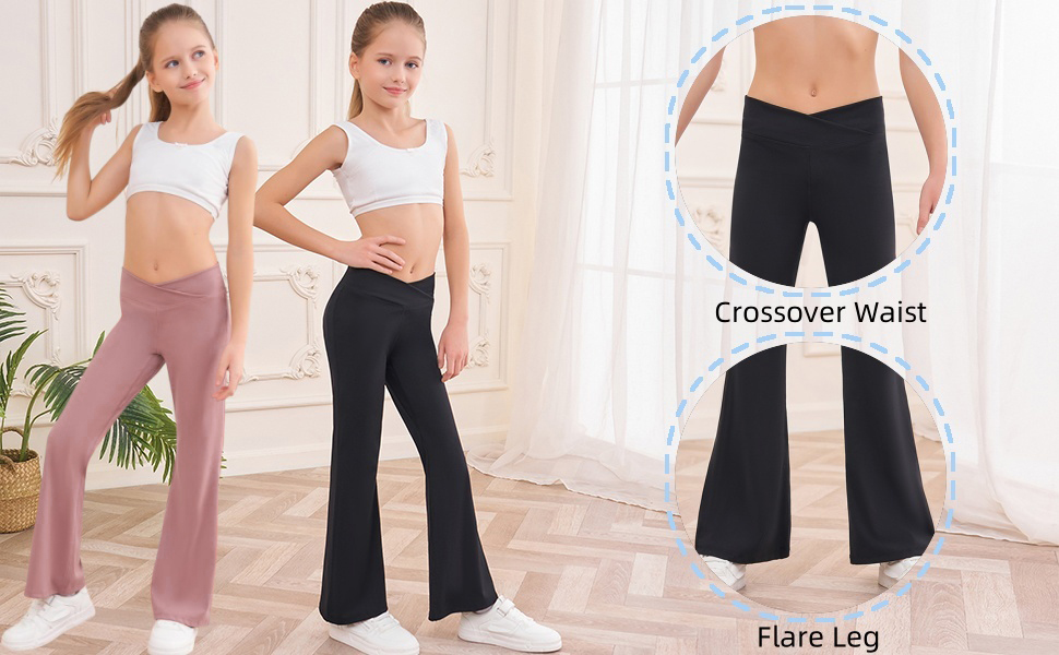 Leggings for Girls Solid Black Stretch High Waist Tummy Control Workout Dance Bootcut Yoga Pants