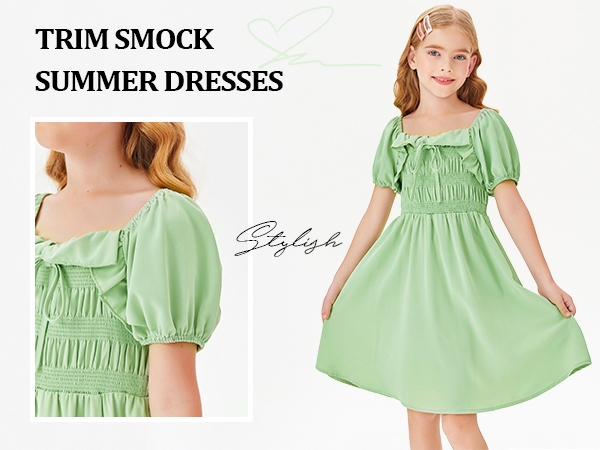 Girls Short Sleeve Dress Ruffle Pleated Solid Summer Casual Swing Dresses 7-14 Years