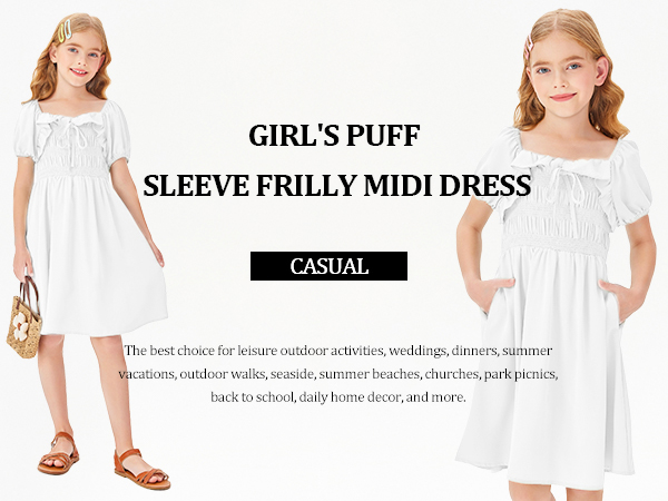 Girls Short Sleeve Dress Ruffle Pleated Solid Summer Casual Swing Dresses 7-14 Years