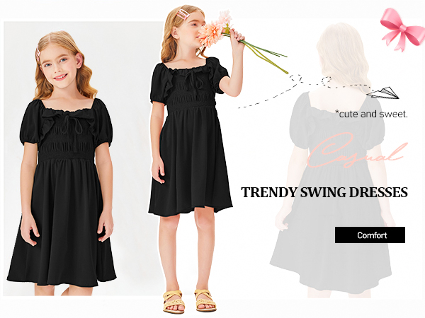 Girls Short Sleeve Dress Ruffle Pleated Solid Summer Casual Swing Dresses 7-14 Years