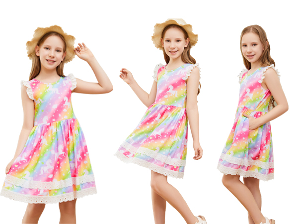 JESKIDS Little Girls Unicorn Tie Dye Dress Flutter Sleeve Casual Twirl Dresses Print Sundress 3-9T