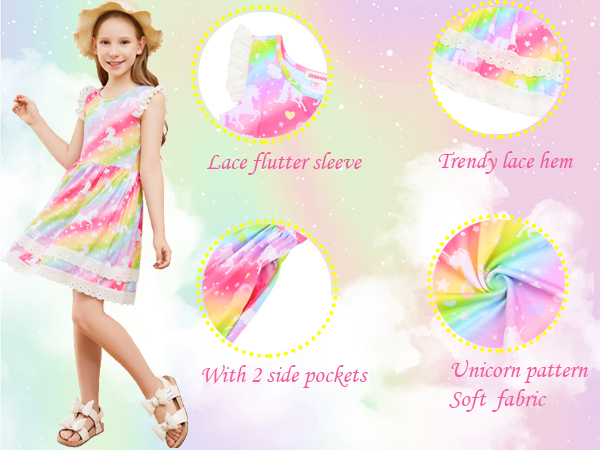 JESKIDS Little Girls Unicorn Tie Dye Dress Flutter Sleeve Casual Twirl Dresses Print Sundress 3-9T