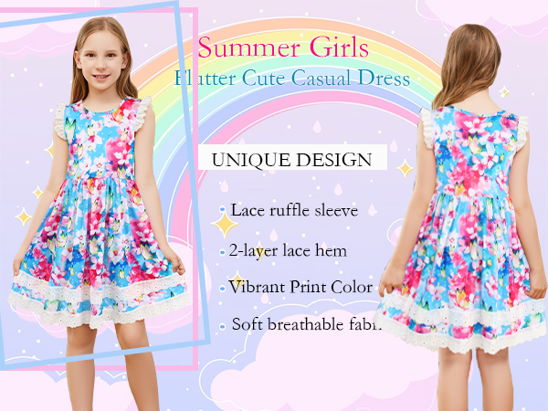 JESKIDS Little Girls Unicorn Tie Dye Dress Flutter Sleeve Casual Twirl Dresses Print Sundress 3-9T