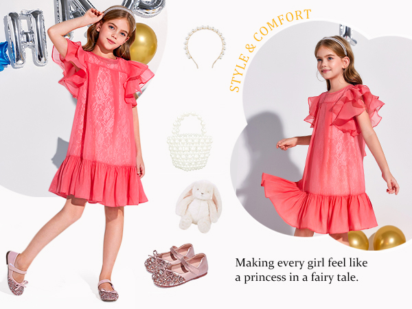 Flower Girl Ruffle Chiffon Dress Lace Embroidery Dress Ruched A-Line Wedding Party Dresses