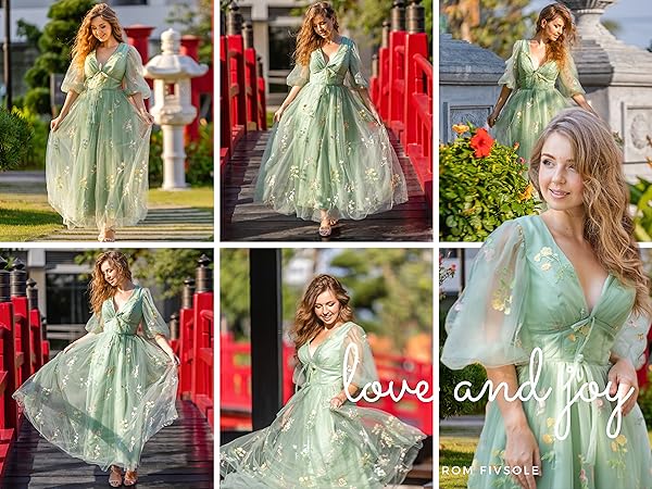 flower puffy sleeve prom dress