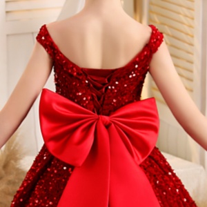 off the shoulder sequin girls special dress with bow-knot