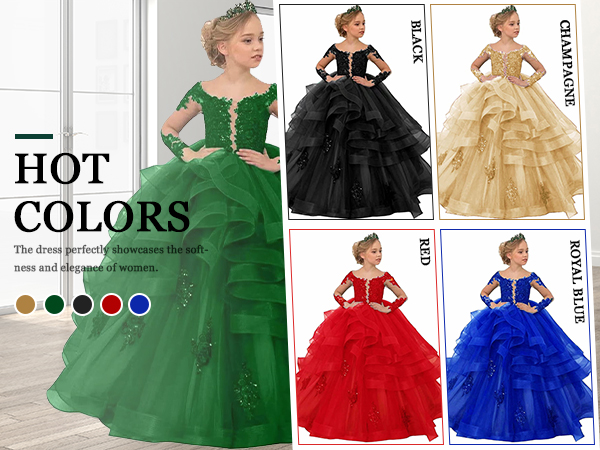 Long Sleeve Princess Girls Pageant Dress Ruffles Flower Girl Dress Wedding Party Costumes