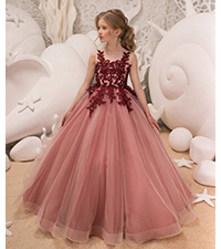 Lace Appliaue Flower Girl Dress Tulle Pageant Dress for Girls Long Sleeveless