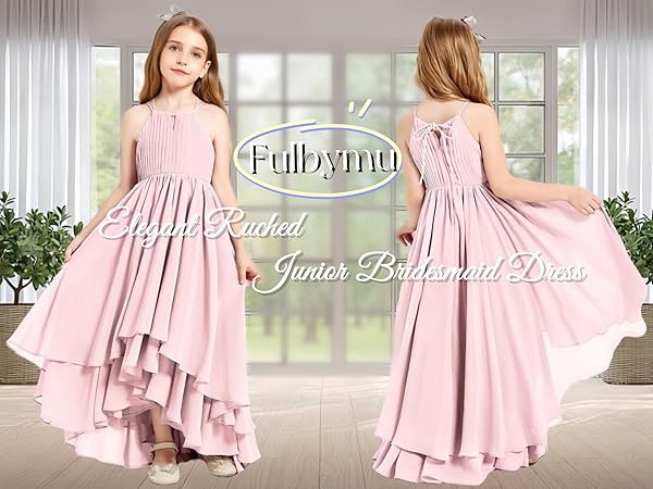 halter neck ruched chiffon junior bridesmaid dress with high low ruffle hemline