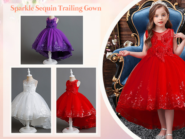 Sequin Lace Flower Girls High Low Tutu Dress for Wedding Pageant Princess Long Trailing Gown