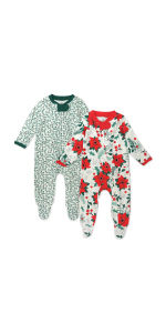 HonestBaby Organic Cotton Girls Holiday Black Red Green Pajamas Onesies Collection