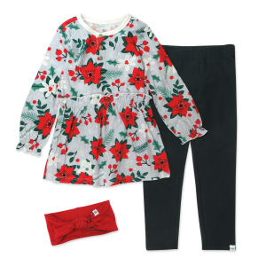 HonestBaby Organic Cotton Girls Holiday Floral Print Tunic Legging & Headband 3 piece set