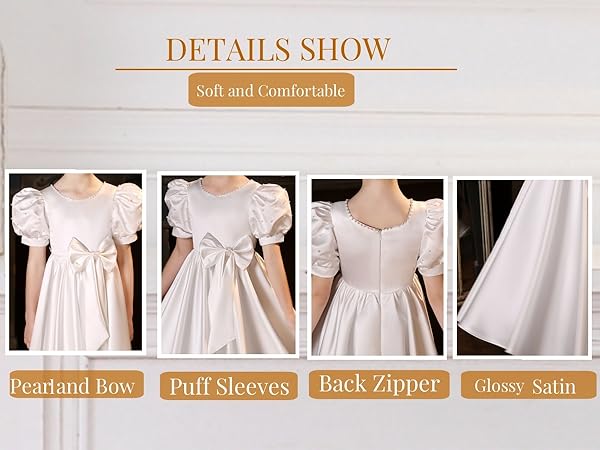 Satin Flower Girl Dresses for Wedding Puff Sleeves Princess Pageant Dress with Bow Pearls Ball Gowns