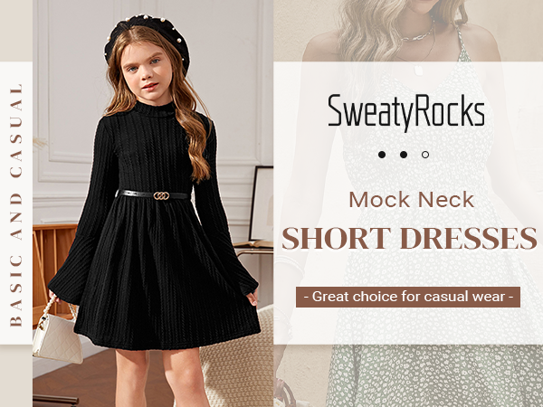  Girl''s Long Sleeve Mock Neck Dress Casual Knit Flared Short Dresses