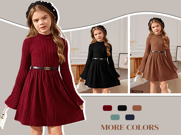  Girl''s Long Sleeve Mock Neck Dress Casual Knit Flared Short Dresses