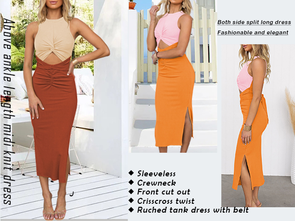 trendy summer Split Slim Bodycon Strethcy Twisted Knot Party Date Night Pleated Long Dress with Belt