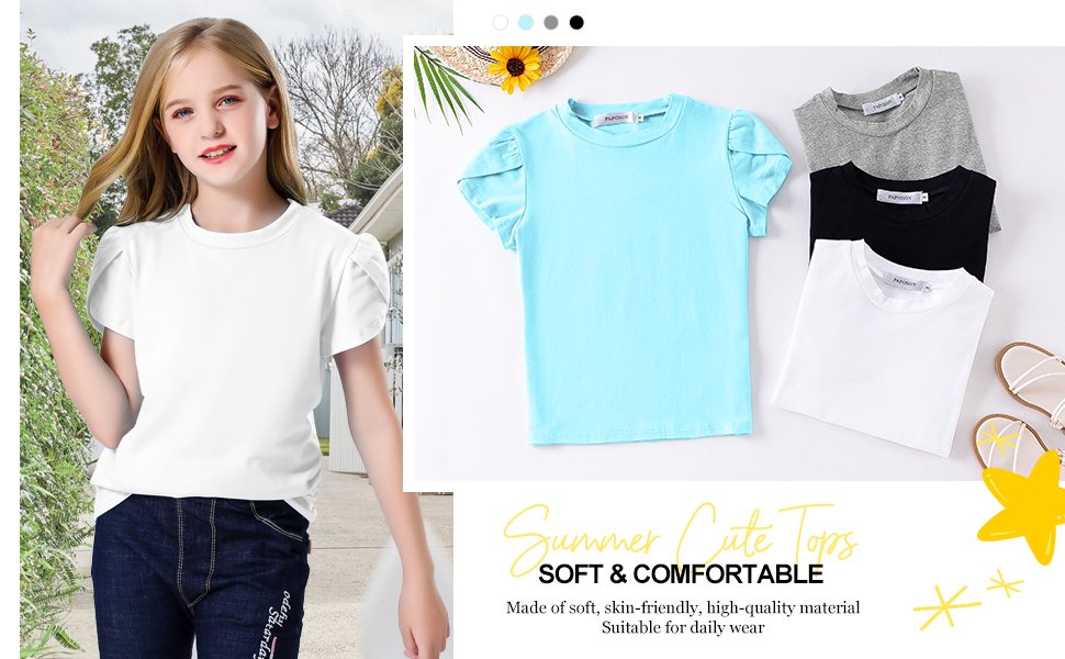 Girls'' Summer Petal Short Sleeve T Shirts Crewneck