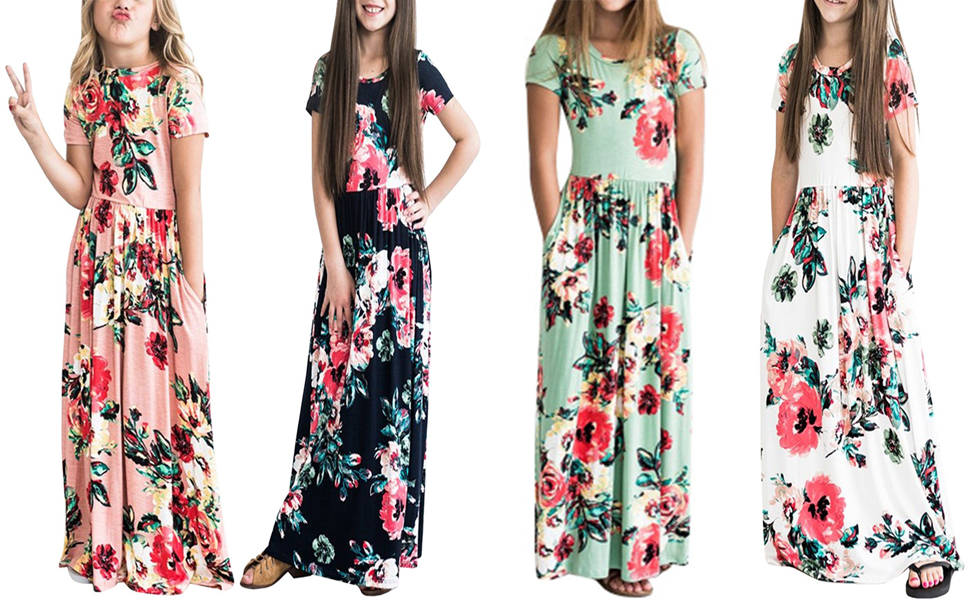 Girl''s Maxi Dress Floral Short Sleeve Dresses