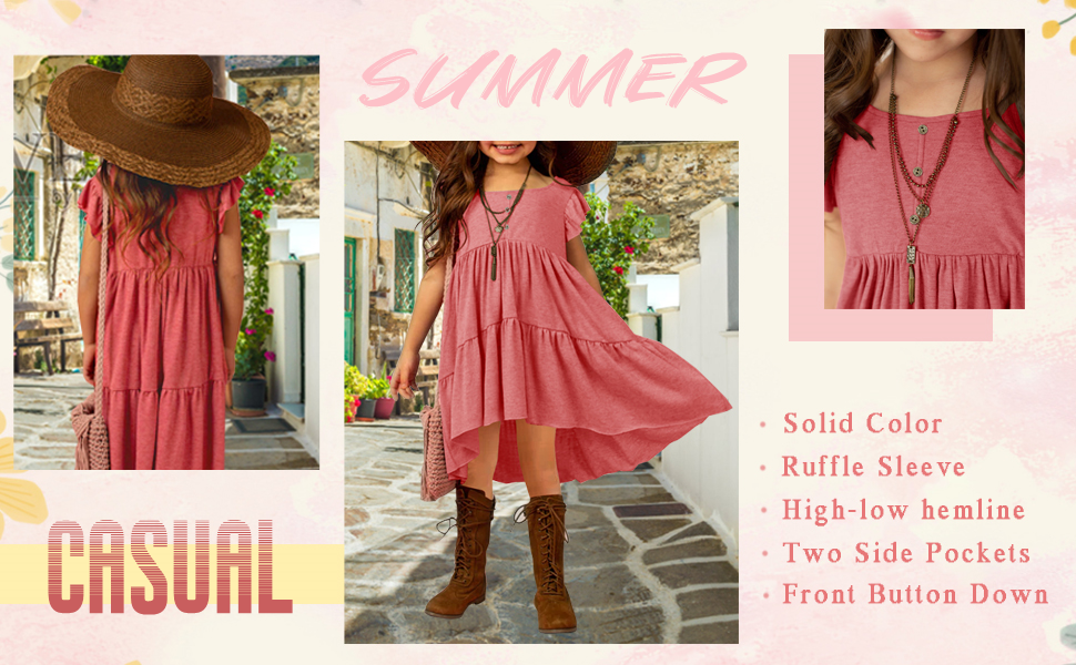 Girls Summer Casual Dress Short Sleeve Tiered Ruffle Loose Flowy Pleated Babydoll Midi Dresses