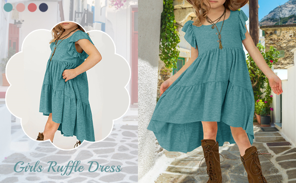 Girls Button Dress Casual Cotton Ruffle Sleeve Summer Bohemian Flowy Tiered Dresses 