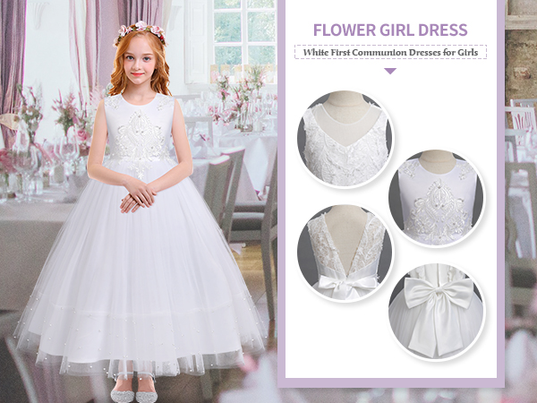 White First Communion Flower Girls Dress, Long Maxi Pageant Gowns