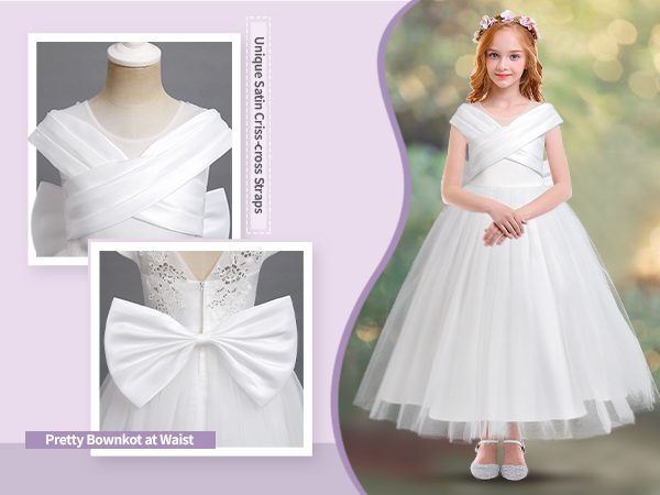 White First Communion Flower Girls Dress, Long Maxi Pageant Gowns