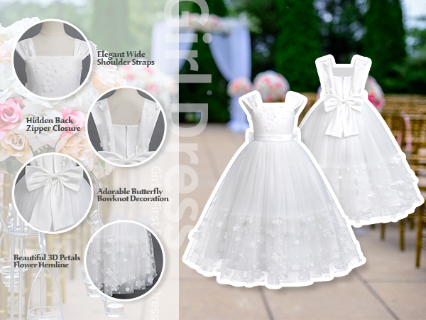 White First Communion Flower Girls Dress, Long Maxi Pageant Gowns