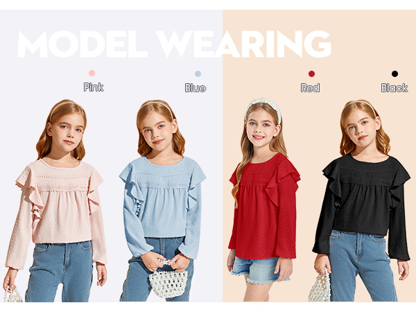 Girls Long Sleeve Shirts Cute Tops Crewneck Ruffle Swiss Dot Blouses for Kids 4-14 Years