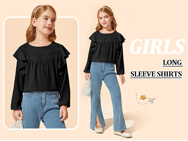 Girls Long Sleeve Shirts Cute Tops Crewneck Ruffle Swiss Dot Blouses for Kids 4-14 Years