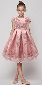 Pink Lace Beaded Pearls Kids Prom Puffy Tulle Flower Girls Dresses Ball Gown